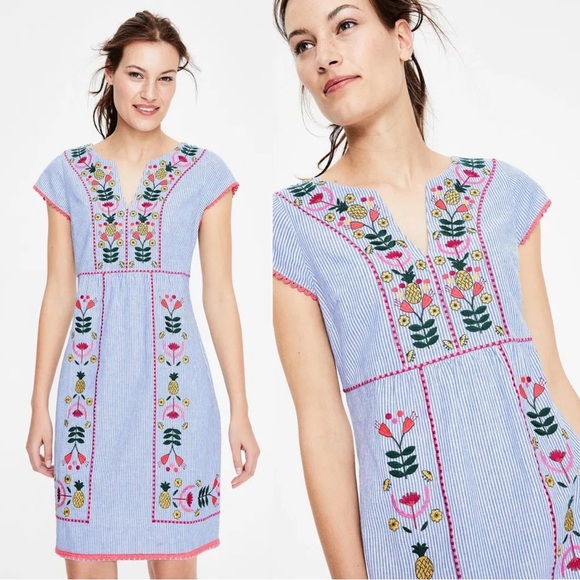 Boden • Bea Linen Embroidered Dress shift cap sleeve floral blue stripe tunic - Picture 6 of 12